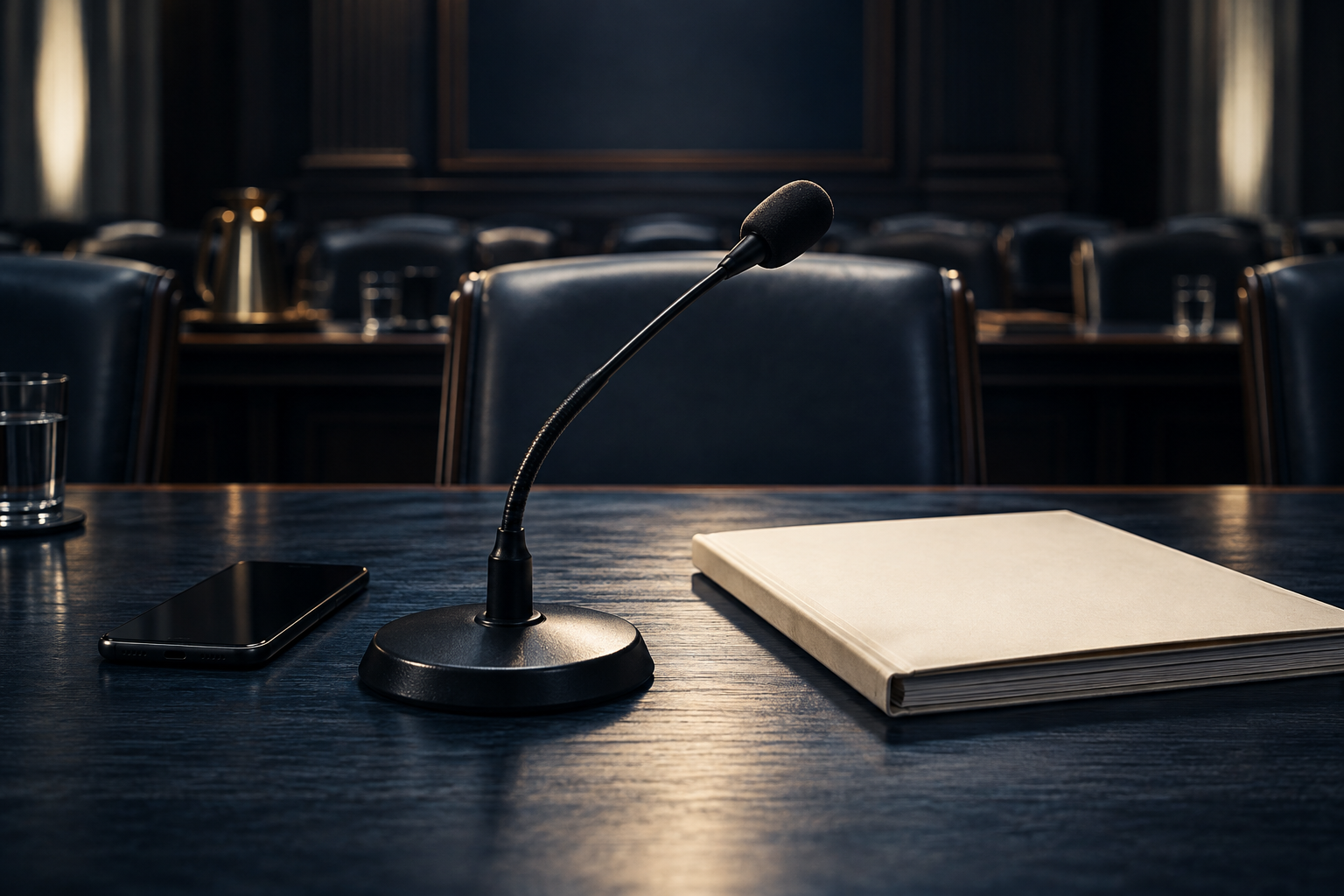 Editorial illustration of a hearing-room microphone, unbranded phone and closed folder. This is not an actual ArriveCAN hearing.