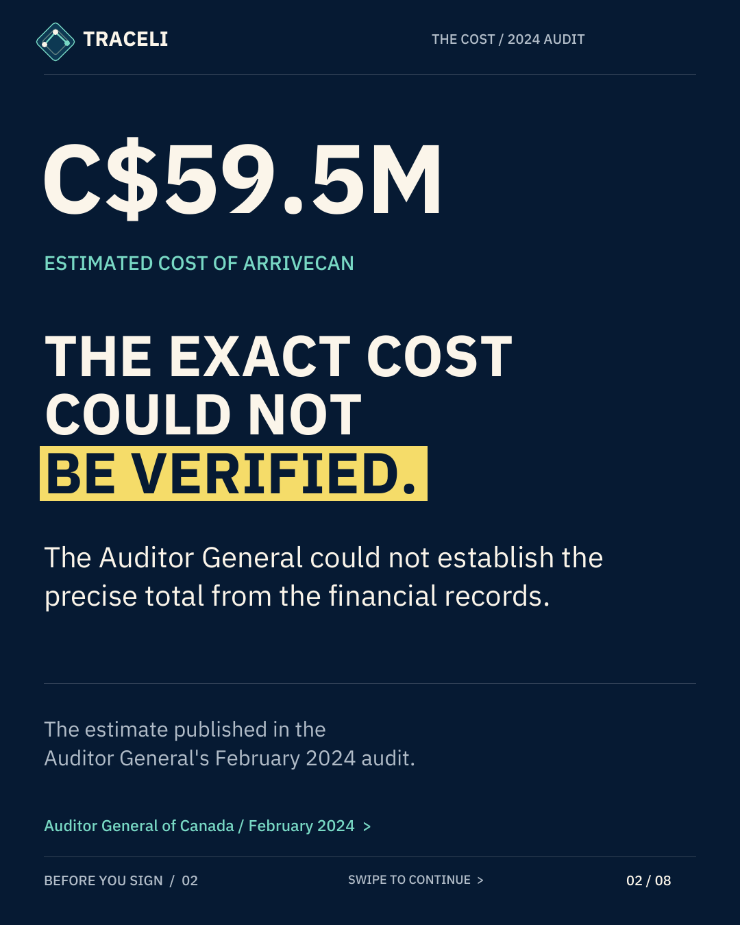 TRACELI THE COST / 2024 AUDIT C$59.5M ESTIMATED COST OF ARRIVECAN THE EXACT COST COULD NOT BE VERIFIED. The Auditor General could not establish the precise total from the financial records. The estimate published in the Auditor General's February 2024 audit. Auditor General of Canada / February 2024 > BEFORE YOU SIGN / 02 SWIPE TO CONTINUE > 02 / 08